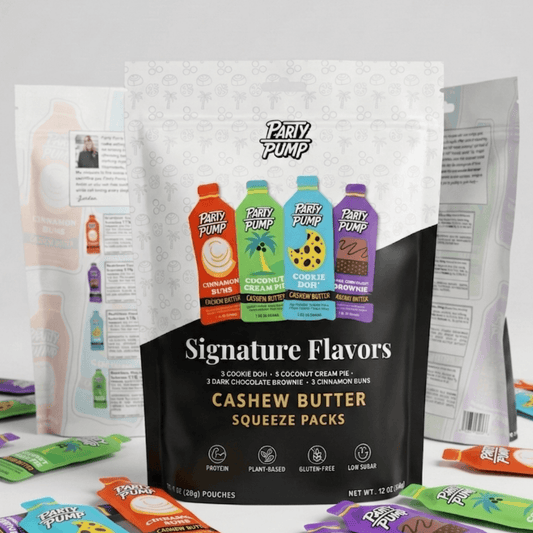 12 Squeezies. 4 flavors. 60g+ plant protein per bag. No added sugar. The Party Pump variety pack — your gym bag’s monthly upgrade.
