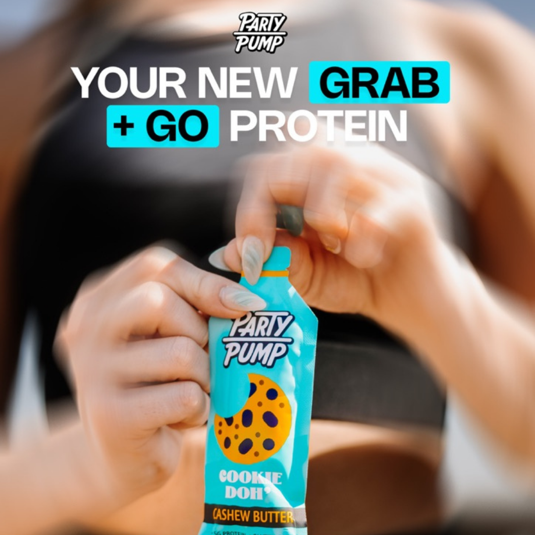 Party Pump Squeezie – hands holding a Party Pump package featuring Your New Grab + Go Protein text