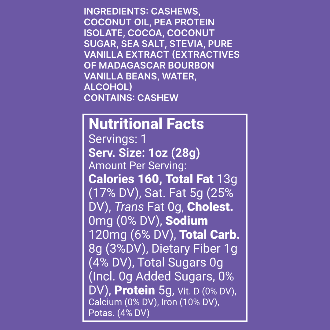 Party Pump Dark Chocolate Brownie Squeezie – nutrition label with ingredients on a purple background
