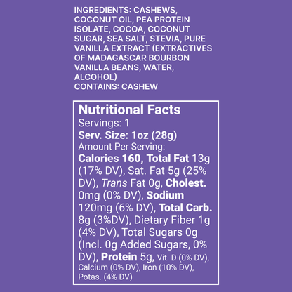 Party Pump Dark Chocolate Brownie Squeezie – nutrition label with ingredients on a purple background
