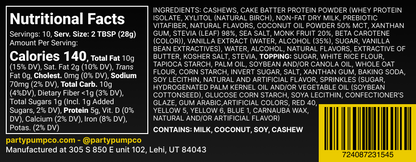 Back label of a 10oz cake batter flavored cashew butter container, featuring ingredients and nutritional information clearly displayed.