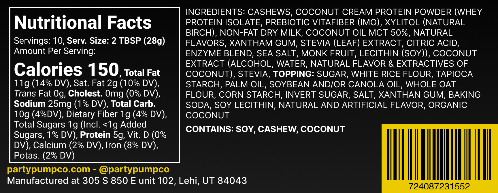 Back label of a 10oz Coconut Cream Pie, featuring ingredients and nutritional information in a clear layout.