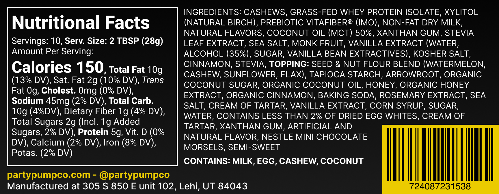 Nutrition label for S'mores flavored cashew butter, detailing ingredients and nutritional information.